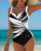 Traje de baño de una pieza para mujer con diseño de color contrastante, con cordones y frente envolvente, sin mangas, para la playa en verano