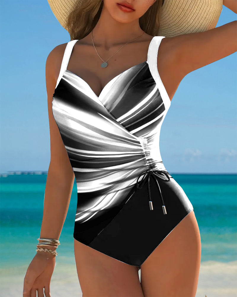 Traje de baño de una pieza para mujer con diseño de color contrastante, con cordones y frente envolvente, sin mangas, para la playa en verano