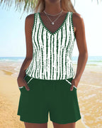 Conjunto de Tankini de Rayas con Escote en V para Mujer con Bolsillo y Pantalones Cortos Sólidos – Nautica