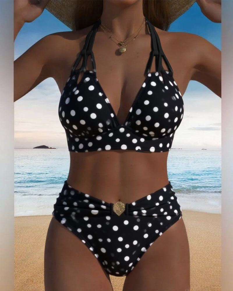 Conjunto de Bikini Halter de Lunares para Mujeres, Traje de Baño de Dos Piezas, Sin Mangas, Playa, Verano, Vacaciones