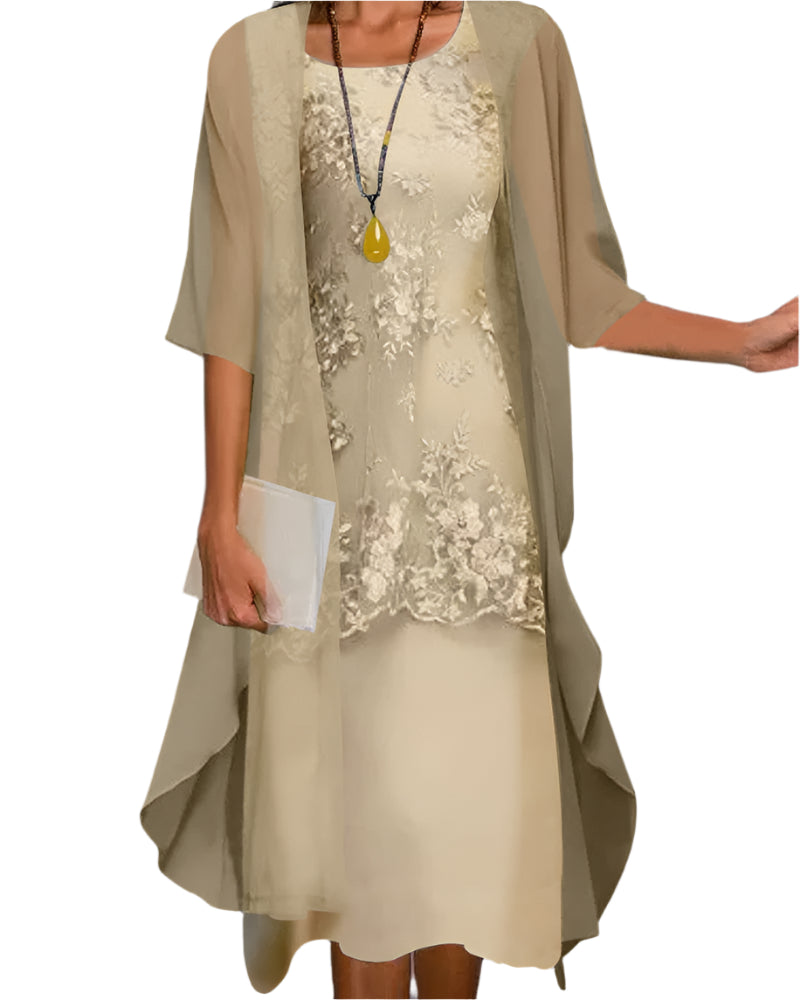 Vestido Midi para Invitadas de Boda con Mangas Transparentes y Silueta Capas Elegante Formal