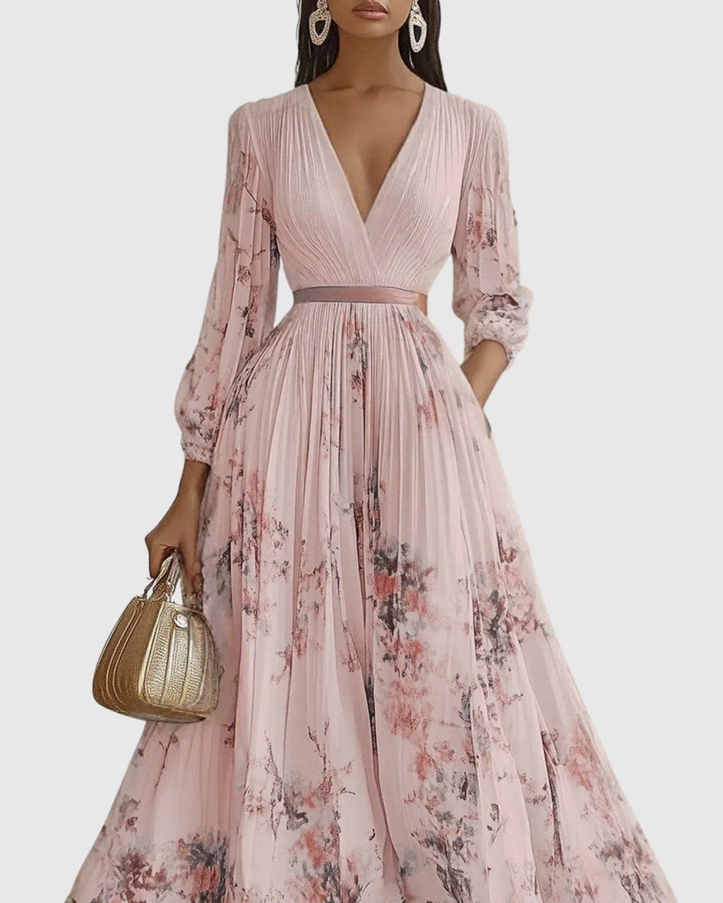 Vestido Largo Floral Plisado Elegante para Mujer con Escote en V y Manga Larga, Cintura con Cinta, Formal e Informal – Rowella