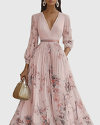 Vestido Largo Floral Plisado Elegante para Mujer con Escote en V y Manga Larga, Cintura con Cinta, Formal e Informal – Rowella