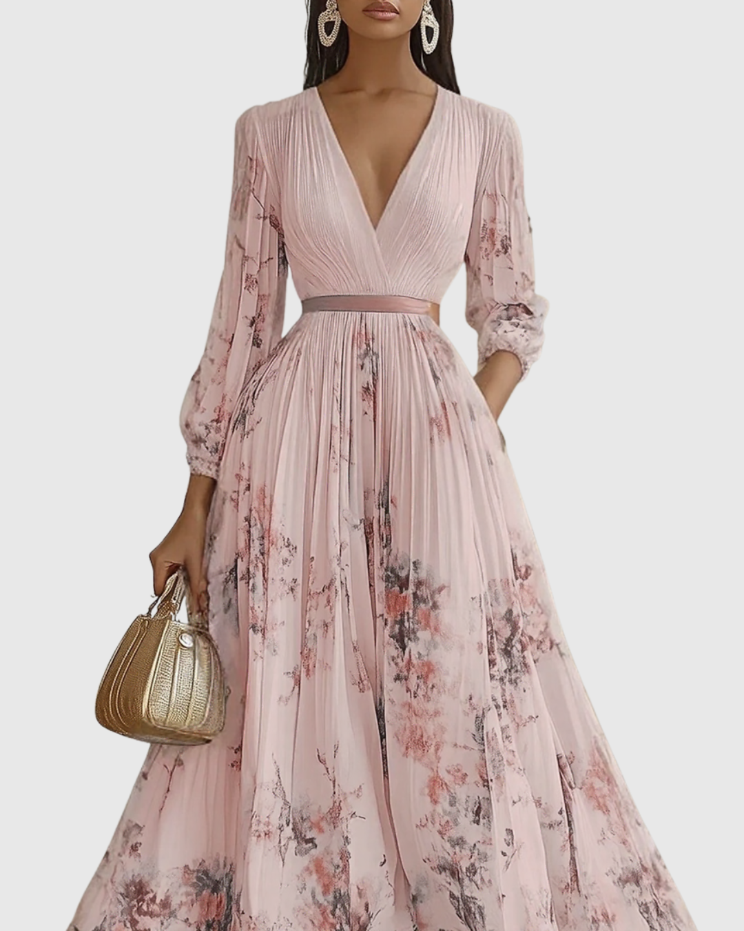 Vestido Largo Floral Plisado Elegante para Mujer con Escote en V y Manga Larga, Cintura con Cinta, Formal e Informal – Rowella