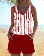 Conjunto de Tankini de Rayas con Escote en V para Mujer con Bolsillo y Pantalones Cortos Sólidos – Nautica