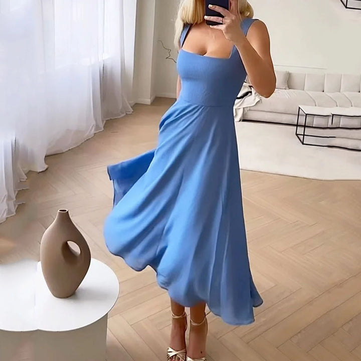 Vestido Formal de Fiesta Midi para Mujeres Invitada de Boda Cuello Cuadrado Cuerpo Ajustado Falda Fluida Elegante