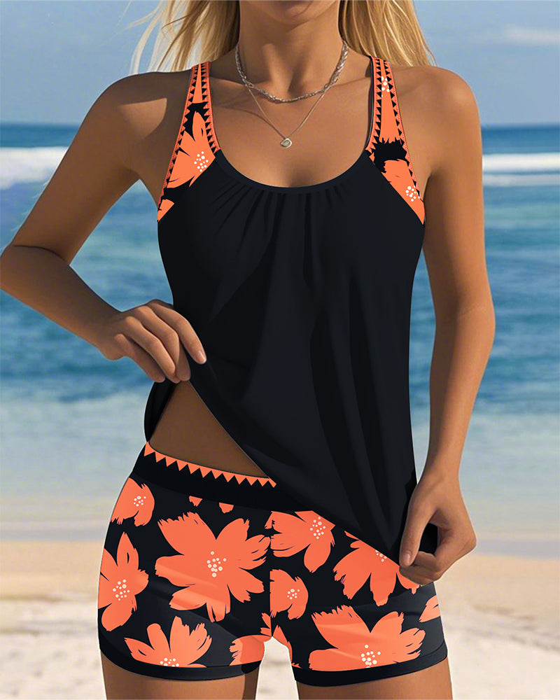 Conjunto de Tankini Sin Mangas con Escote en U para Mujeres, Pantalones Cortos de Boxer Florales, Playa, Piscina, Vacaciones, Resort, Verano Activo – Paradiso