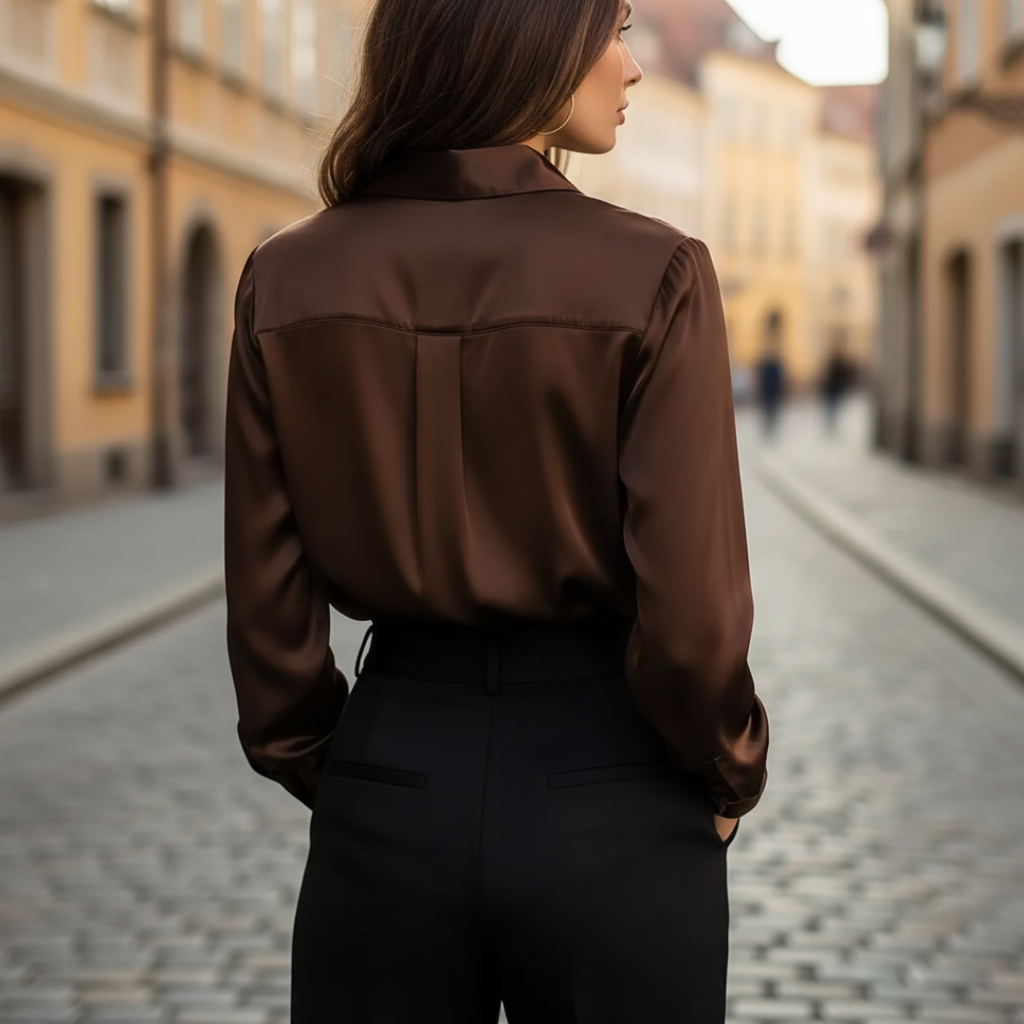 Camisa de Satén Elegante de Manga Larga para Mujeres, Formal y Casual, Blusa de Oficina – Chocolate