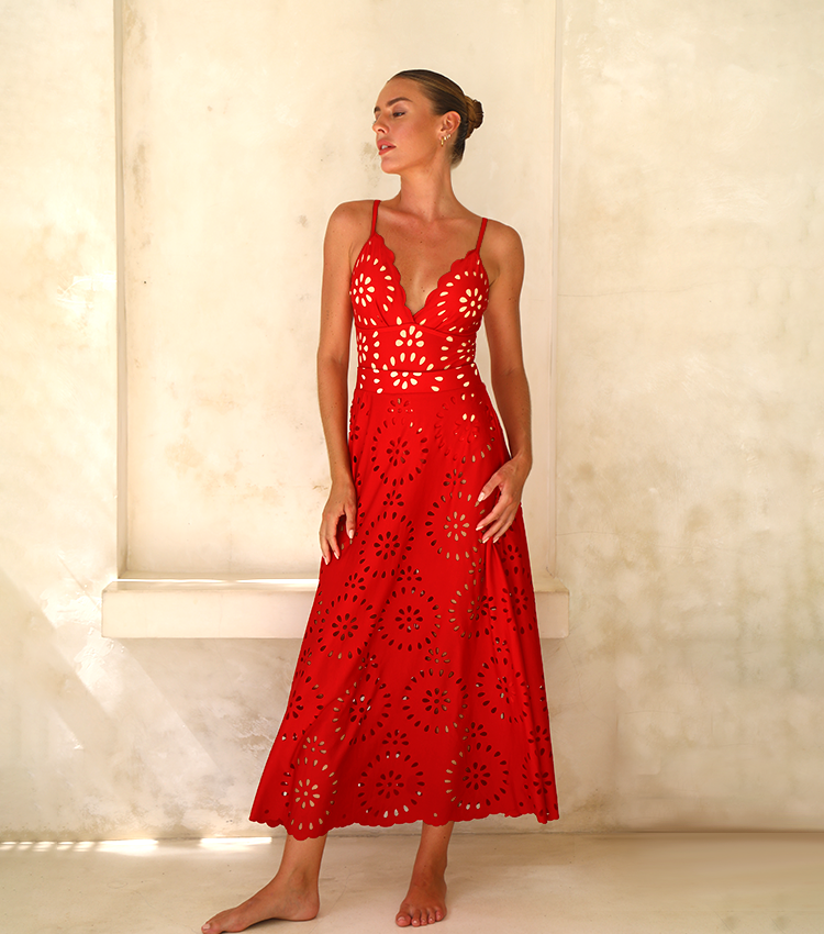 Conjunto de Traje de Baño de Una Pieza Floral con Corte y Falda Larga de V-Cuello para Vacaciones en la Playa, Fiesta en la Piscina, Verano Resort – Rojo