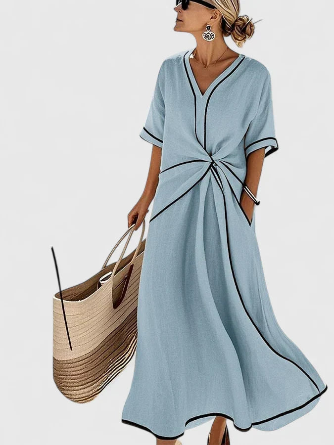 Vestido Midi Elegante de Rayas Verticales para Mujeres, Ligero, Transpirable, Casual, Vestido de Verano – Ery