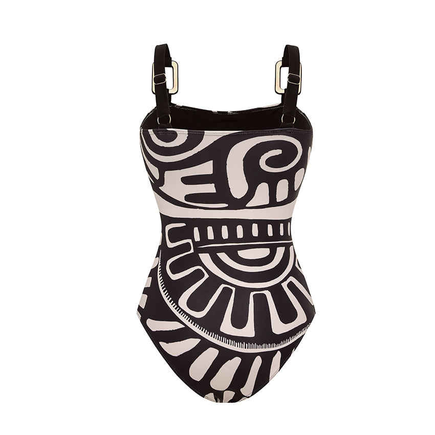 Conjunto de Traje de Baño de Una Pieza con Estampado Tribal para Mujeres y Falda Larga con Tirantes Ajustables para Vacaciones en la Playa, Fiesta en la Piscina, Verano en el Resort – Negro y Blanco