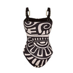 Conjunto de Traje de Baño de Una Pieza con Estampado Tribal para Mujeres y Falda Larga con Tirantes Ajustables para Vacaciones en la Playa, Fiesta en la Piscina, Verano en el Resort – Negro y Blanco
