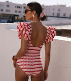 Conjunto de Traje de Baño de Una Pieza con Volantes y Falda Larga a Rayas Rojas - Frente Torcido para Vacaciones en la Playa, Fiesta en la Piscina, Verano en el Resort – Rojo y Blanco