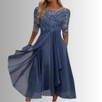 Vestido Midi Elegante de Encaje para Mujer con Manga 3/4 para Invitadas de Boda, Madres de la Novia, Cócteles y Fiestas Nocturnas – Rhonda
