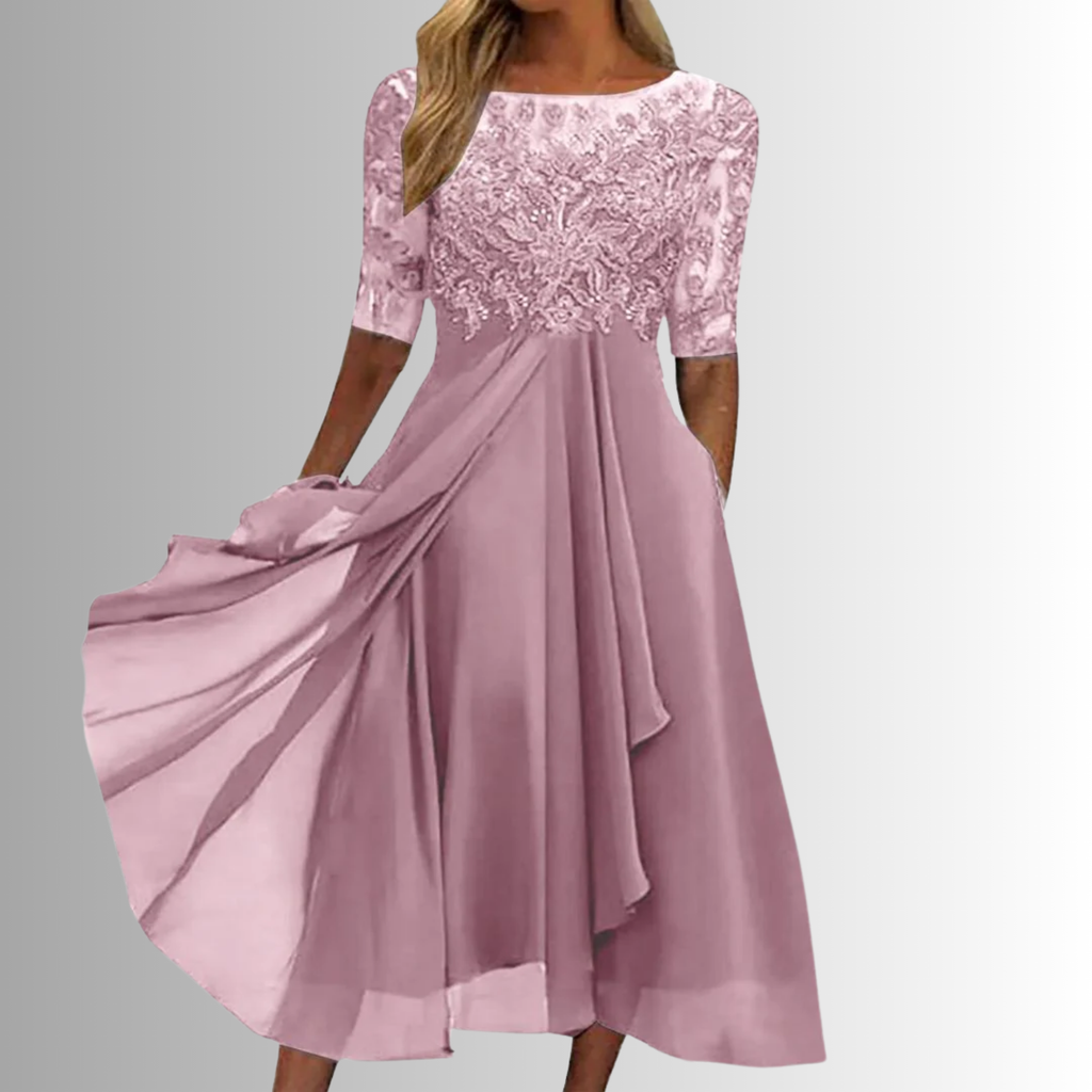 Vestido Midi Elegante de Encaje para Mujer con Manga 3/4 para Invitadas de Boda, Madres de la Novia, Cócteles y Fiestas Nocturnas – Rhonda