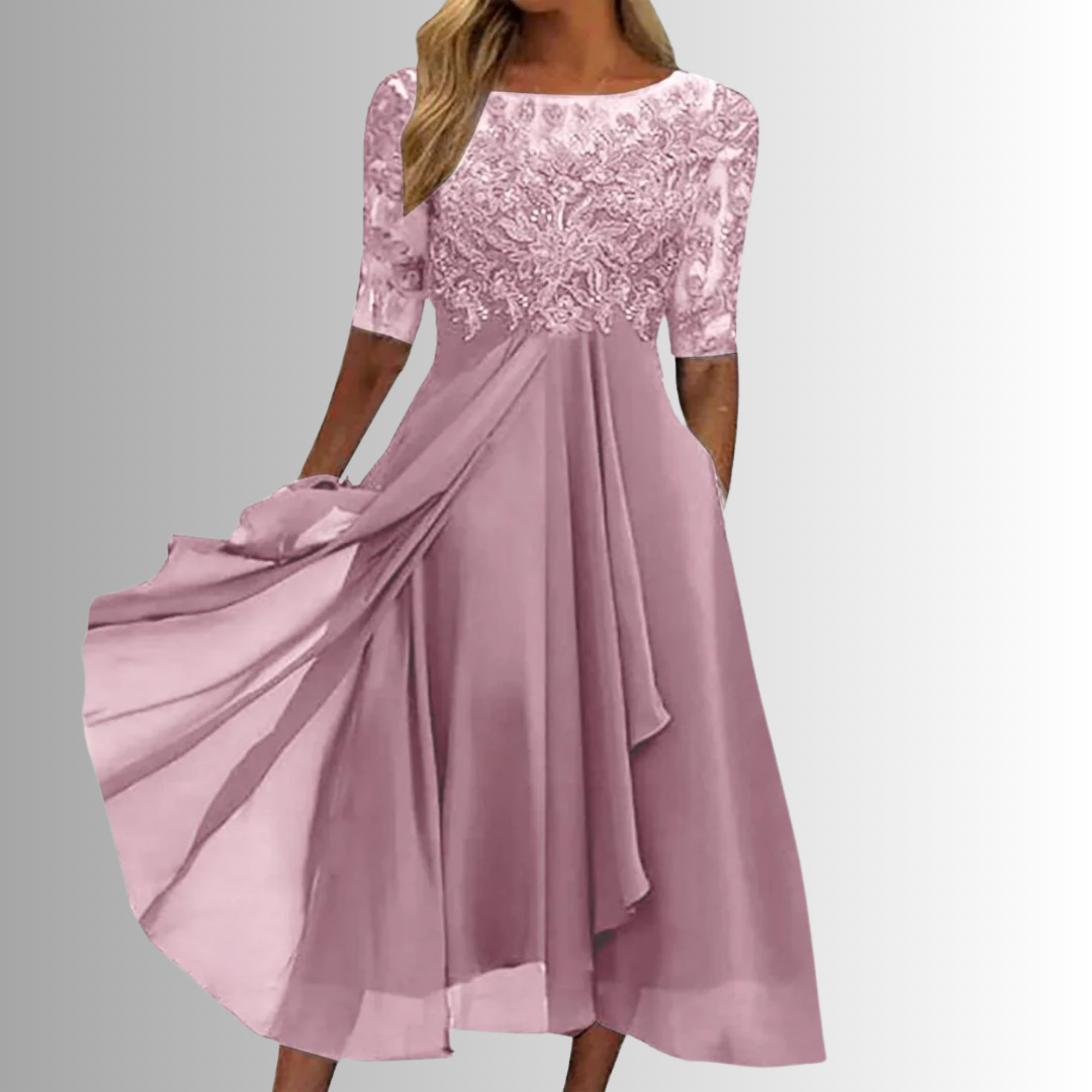 Vestido Midi Elegante de Encaje para Mujer con Manga 3/4 para Invitadas de Boda, Madres de la Novia, Cócteles y Fiestas Nocturnas – Rhonda