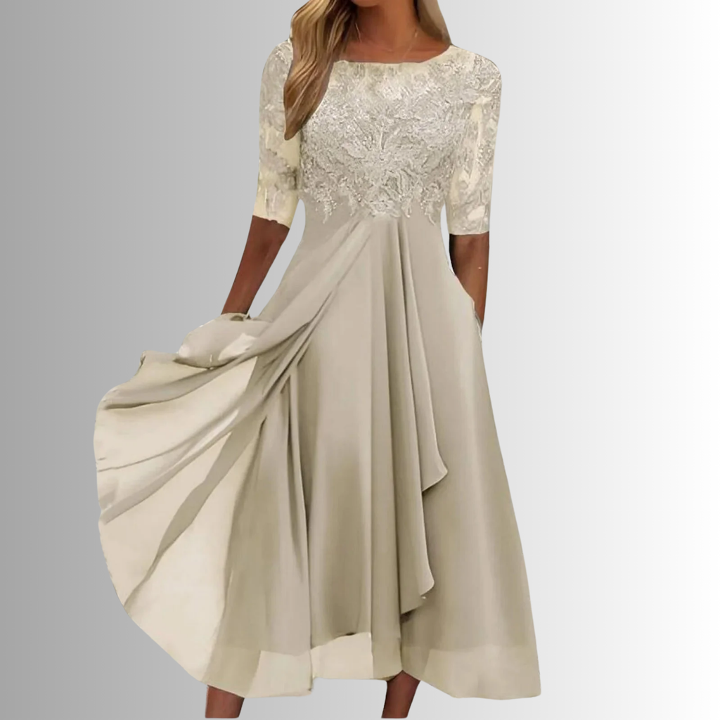 Vestido Midi Elegante de Encaje para Mujer con Manga 3/4 para Invitadas de Boda, Madres de la Novia, Cócteles y Fiestas Nocturnas – Rhonda