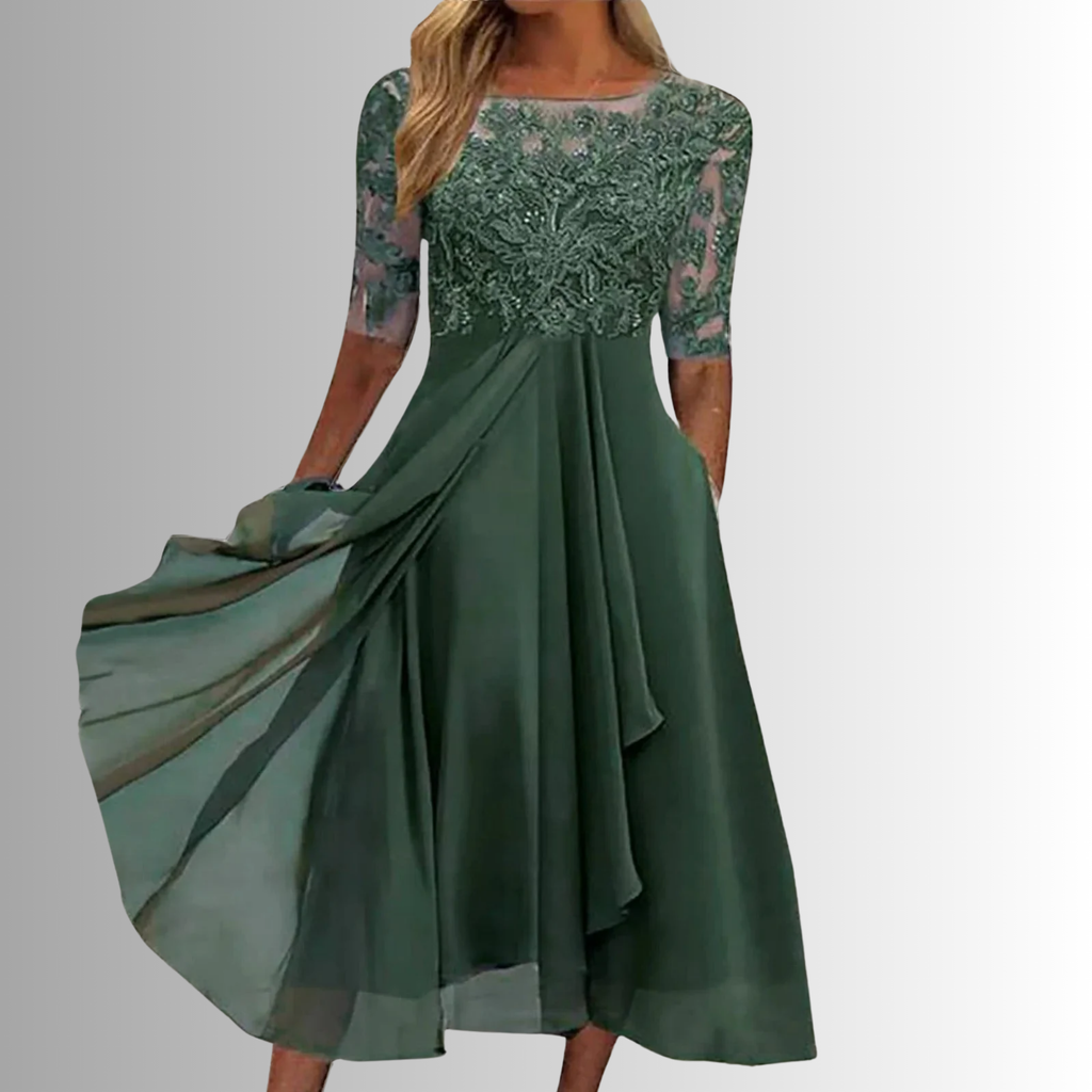 Vestido Midi Elegante de Encaje para Mujer con Manga 3/4 para Invitadas de Boda, Madres de la Novia, Cócteles y Fiestas Nocturnas – Rhonda