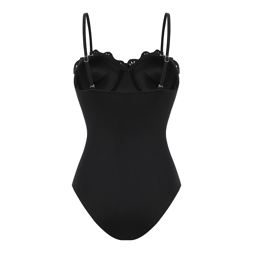 Conjunto de Traje de Baño de Una Pieza Negro con Corte Láser y Falda Larga con Escote en V para Vacaciones en la Playa, Resort, Fiesta en la Piscina y Crucero – Negro