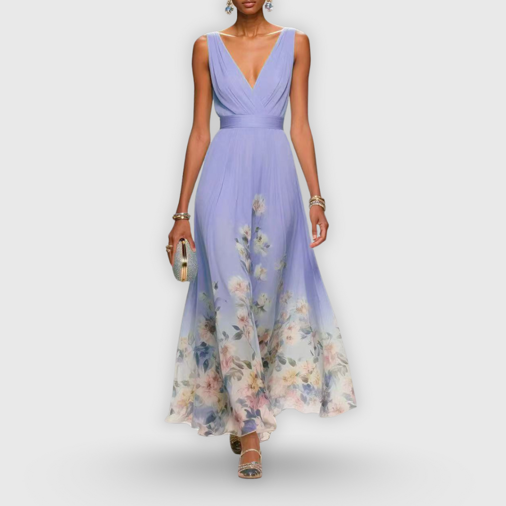 Vestido Midi Floral Elegante para Mujer con Escote en V Sin Mangas Fluido Formal Invitada de Boda Casual – Madeline