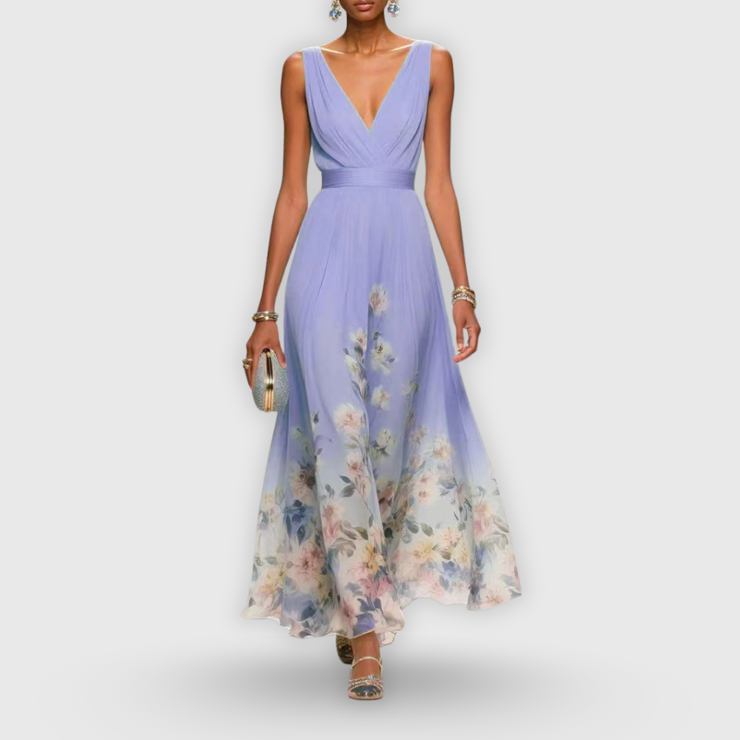 Vestido Midi Floral Elegante para Mujer con Escote en V Sin Mangas Fluido Formal Invitada de Boda Casual – Madeline