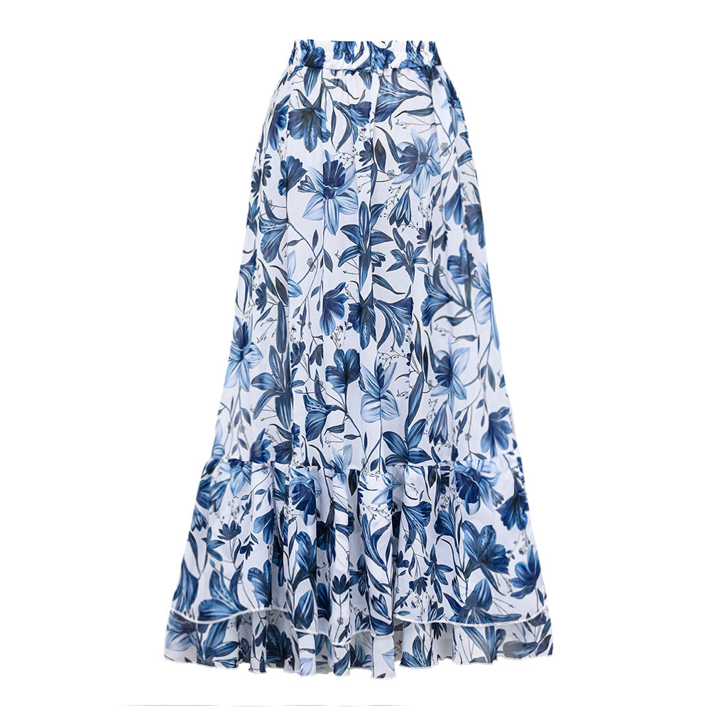 Conjunto de Traje de Baño de Una Pieza Con Escote En V, Cordones y Estampado Floral & Falda larga - Vacaciones En La Playa, Resort, Fiesta En La Piscina, Crucero, Luna de Miel – Azul