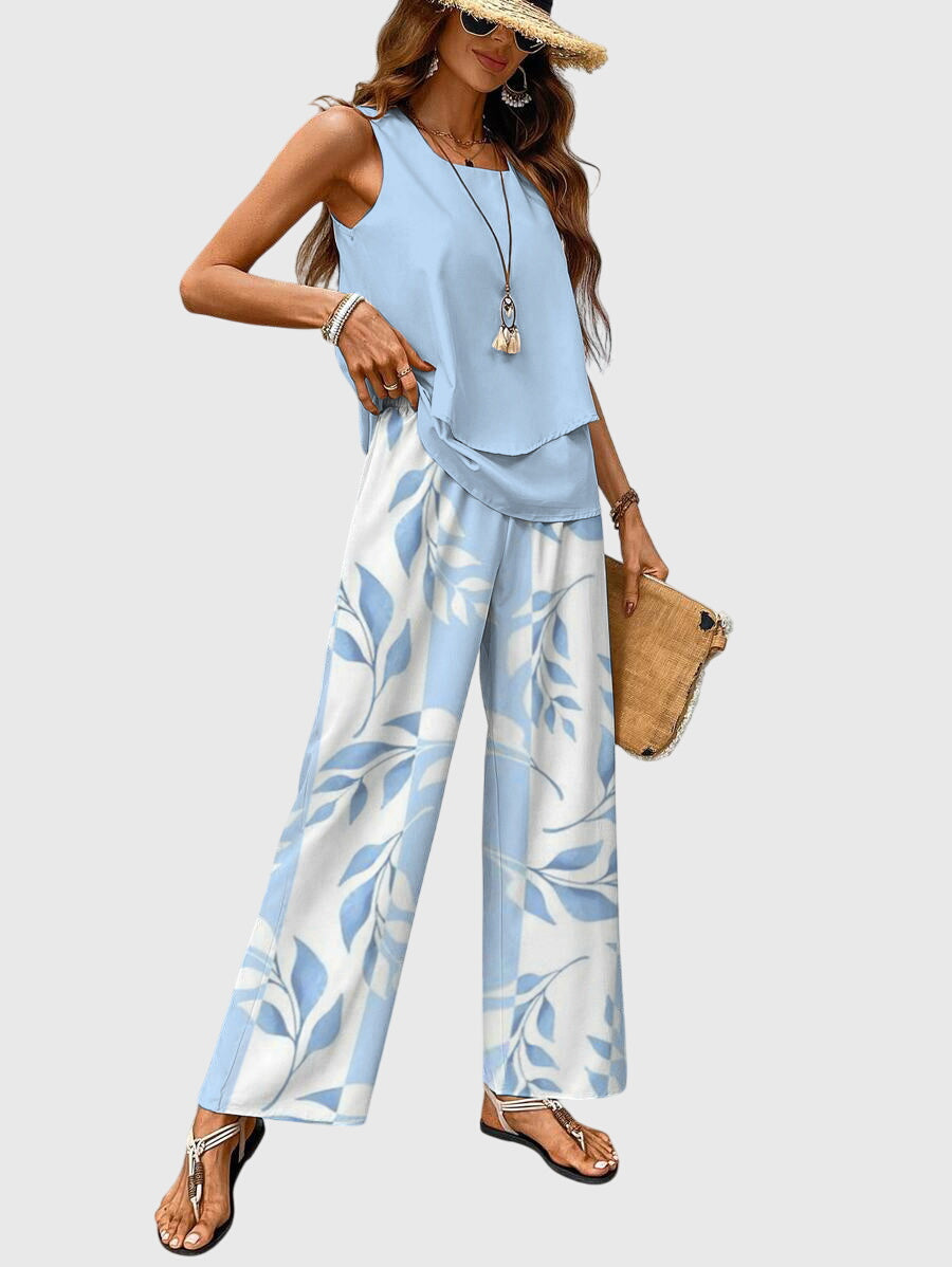 Conjunto de Verano Elegante de 2 Piezas para Mujeres Top de Cuello Cuadrado Pantalones de Pierna Ancha Estampado Floral Casual Chic – Brenda
