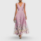 Vestido Midi Floral Elegante para Mujer con Escote en V Sin Mangas Fluido Formal Invitada de Boda Casual – Madeline
