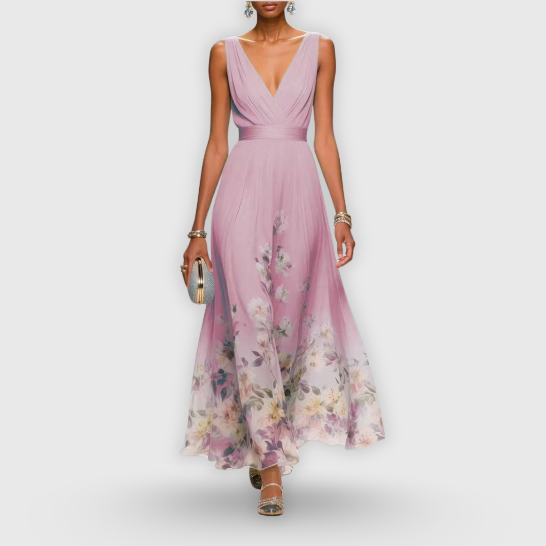 Vestido Midi Floral Elegante para Mujer con Escote en V Sin Mangas Fluido Formal Invitada de Boda Casual – Madeline