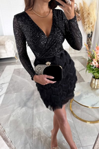 Vestido Corto de Flecos con Lentejuelas para Mujer de Manga Larga V-Cuello Fiesta Noche de Cóctel Nochevieja Cumpleaños Gala – Rosa