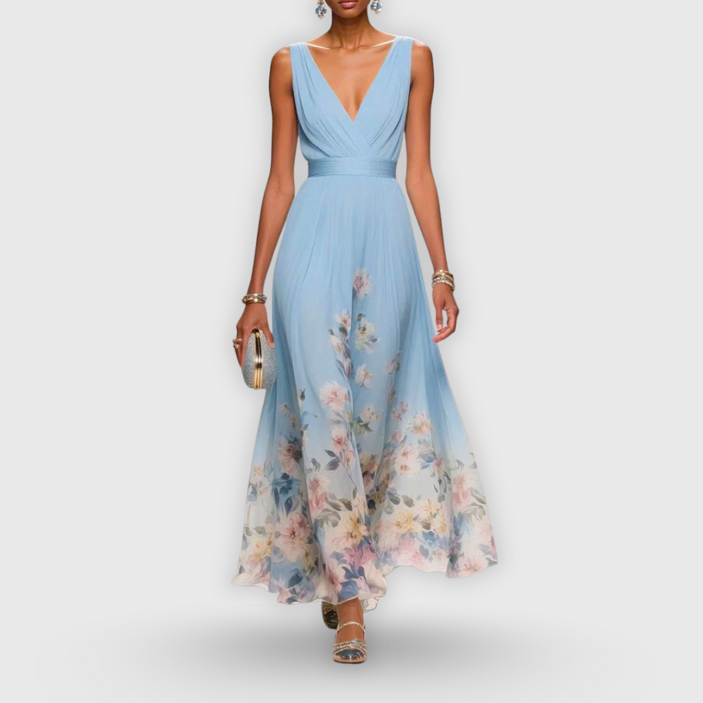 Vestido Midi Floral Elegante para Mujer con Escote en V Sin Mangas Fluido Formal Invitada de Boda Casual – Madeline