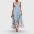 Vestido Midi Floral Elegante para Mujer con Escote en V Sin Mangas Fluido Formal Invitada de Boda Casual – Madeline