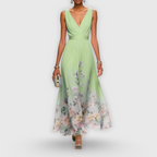 Vestido Midi Floral Elegante para Mujer con Escote en V Sin Mangas Fluido Formal Invitada de Boda Casual – Madeline