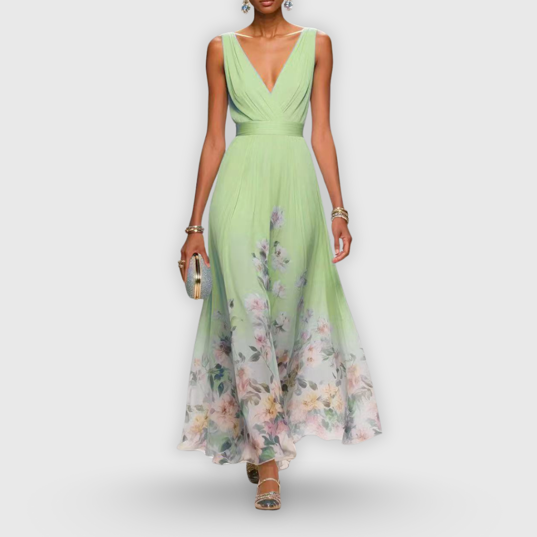 Vestido Midi Floral Elegante para Mujer con Escote en V Sin Mangas Fluido Formal Invitada de Boda Casual – Madeline