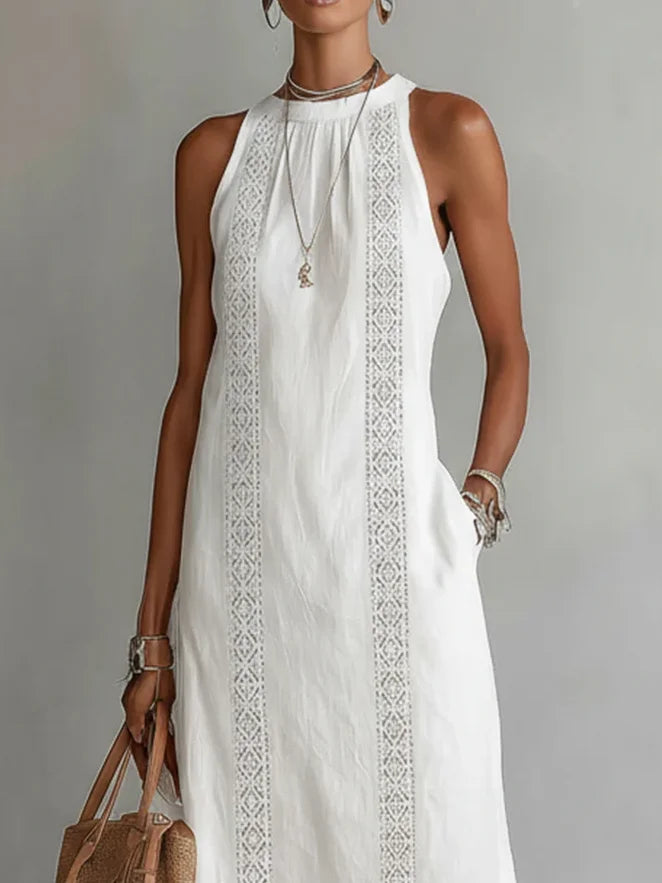 Vestido Midi de Lino Minimalista Retro para Mujer Sin Mangas Cuello Alto Detalle de Encaje Casual Verano Playa Vacaciones Diario – Celeste