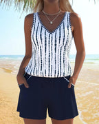 Conjunto de Tankini de Rayas con Escote en V para Mujer con Bolsillo y Pantalones Cortos Sólidos – Nautica