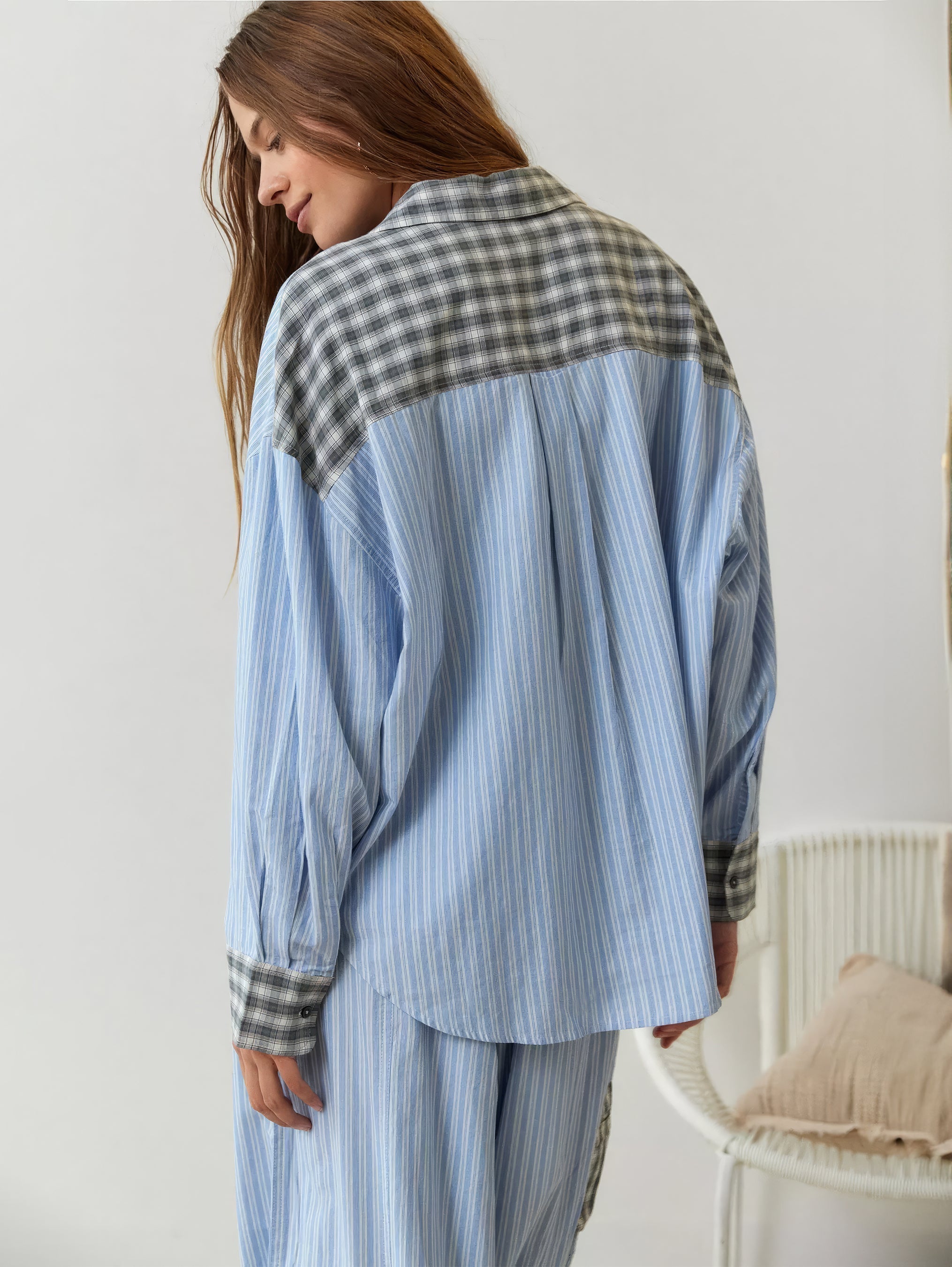 Conjunto de Pijama de Cuadros Elegante para Mujer Camisa de Manga Larga Pantalones de Pierna Ancha Ropa de Casa Suave y Casual – Sara