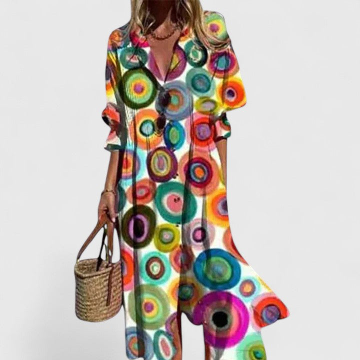 Vestido Midi de Verano Boho Floral Elegante para Mujeres con Estampado Audaz Sin Mangas Fluyente Casual – Paula