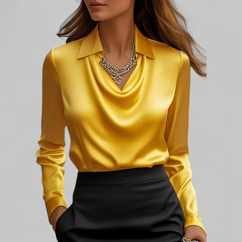 Blusa de Satén con Cuello Drapado y Manga Larga para Mujer Oficina Noche Elegante Seda Formal – Rosa