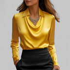 Blusa de Satén con Cuello Drapado y Manga Larga para Mujer Oficina Noche Elegante Seda Formal – Rosa
