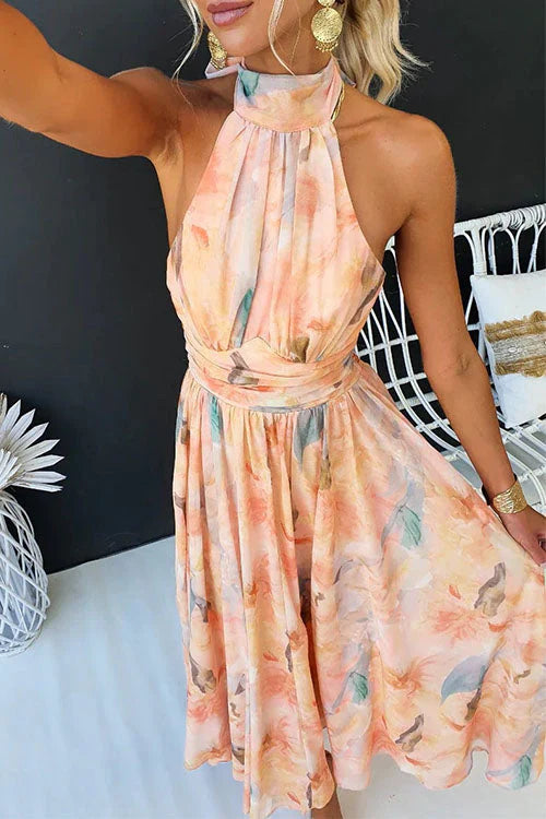 Vestido Largo de Gasa Floral Elegante con Escote Halter Acuarelado para Invitadas a Bodas y Fiestas – Sandra Melocotón