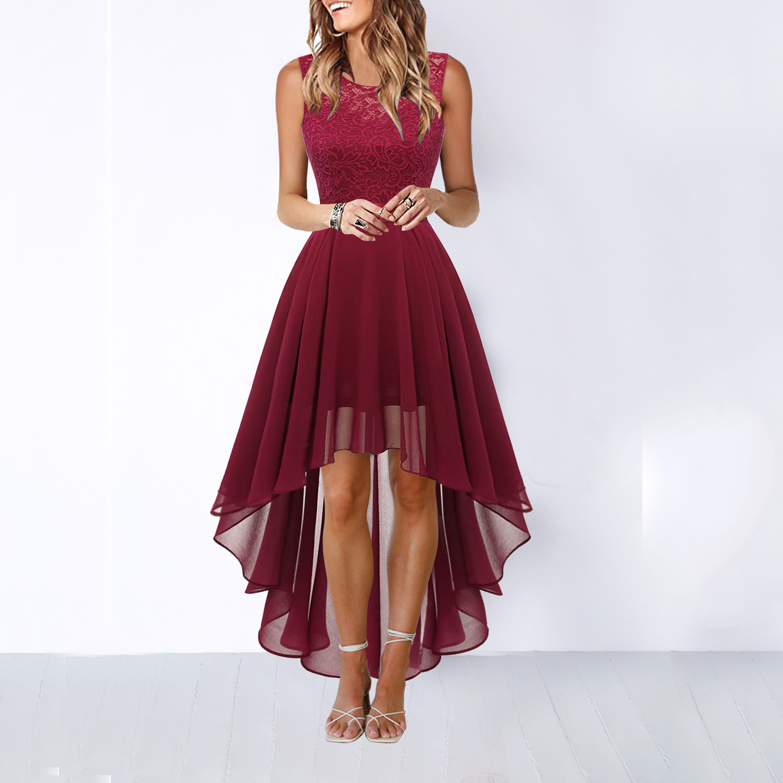 Vestido Formal de Mujer Hi-Low Midi para Invitadas de Boda Sin Mangas Fluido Elegante