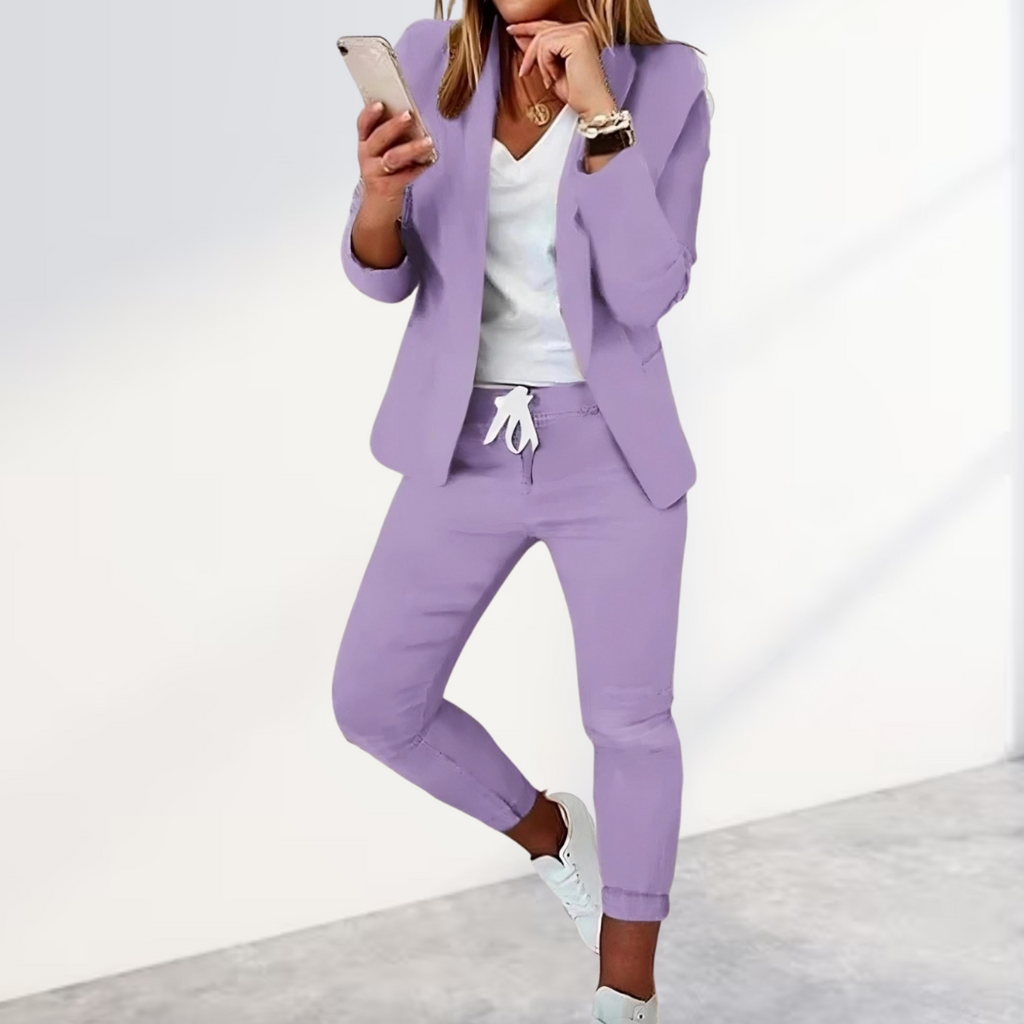 Conjunto de Blazer Elegante y Pantalones Jogger para Mujer Casual de Negocios Poliéster Ajustado para el Día a Día – Negro
