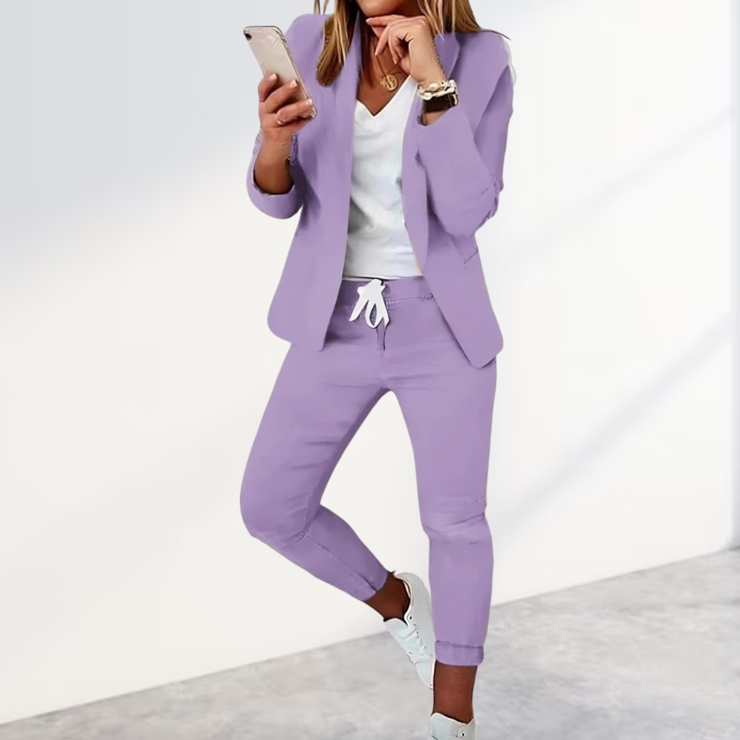 Conjunto de Blazer Elegante y Pantalones Jogger para Mujer Casual de Negocios Poliéster Ajustado para el Día a Día – Negro