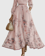 Vestido Largo Floral Plisado Elegante para Mujer con Escote en V y Manga Larga, Cintura con Cinta, Formal e Informal – Rowella
