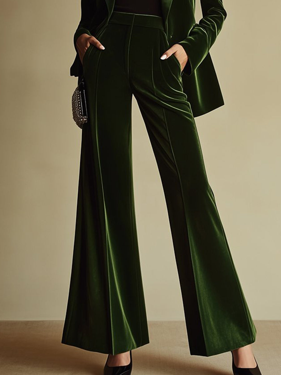Traje de Dos Piezas de Terciopelo de Alta Gama para Mujeres con Blazer de Solapa Notch y Pantalones de Pierna Ancha Retro Elegante – Verde