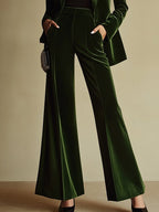 Traje de Dos Piezas de Terciopelo de Alta Gama para Mujeres con Blazer de Solapa Notch y Pantalones de Pierna Ancha Retro Elegante – Verde