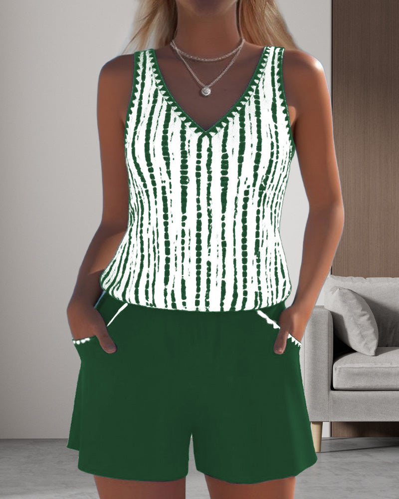 Conjunto de Tankini de Rayas con Escote en V para Mujer con Bolsillo y Pantalones Cortos Sólidos – Nautica