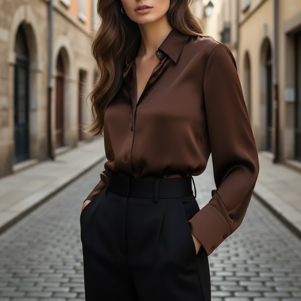 Camisa de Satén Elegante de Manga Larga para Mujeres, Formal y Casual, Blusa de Oficina – Chocolate