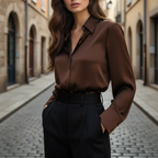 Camisa de Satén Elegante de Manga Larga para Mujeres, Formal y Casual, Blusa de Oficina – Chocolate